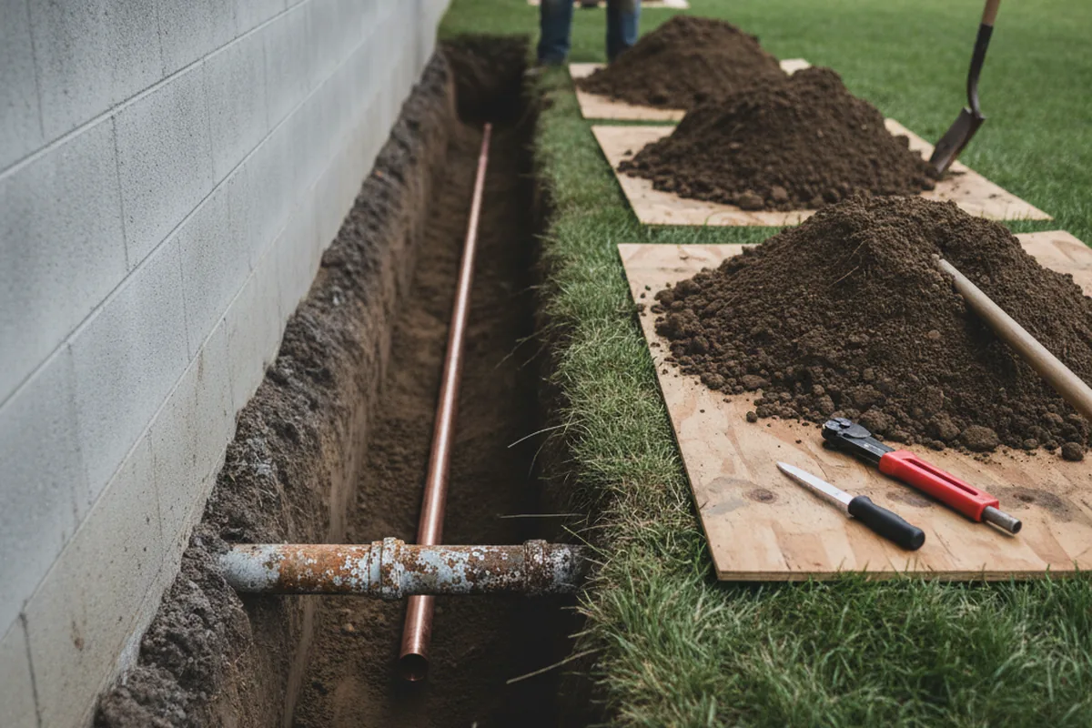 Excavated water line trench during Water Softener Installation in Ama